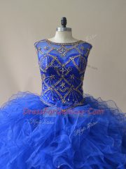 Royal Blue Scoop Lace Up Beading and Ruffles Quinceanera Gown Sleeveless