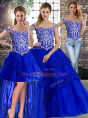 Royal Blue Tulle Lace Up Off The Shoulder Sleeveless Ball Gown Prom Dress Brush Train Beading and Lace