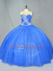 Blue Lace Up Sweetheart Beading Quinceanera Gowns Tulle Sleeveless