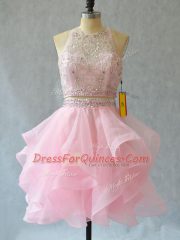 Fitting Mini Length Baby Pink Prom Dresses Tulle Sleeveless Beading and Ruffles