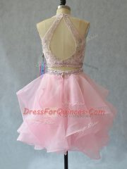 Fitting Mini Length Baby Pink Prom Dresses Tulle Sleeveless Beading and Ruffles