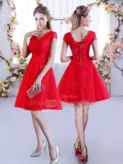 Fashionable Cap Sleeves Lace Mini Length Lace Up Damas Dress in Red with Lace