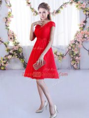 Fashionable Cap Sleeves Lace Mini Length Lace Up Damas Dress in Red with Lace