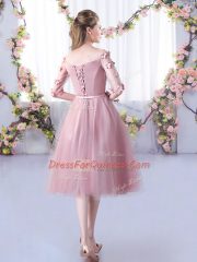 Pink Off The Shoulder Lace Up Appliques and Belt Quinceanera Court Dresses Half Sleeves
