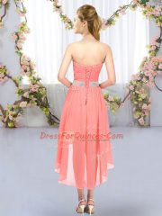 Green Empire Belt Court Dresses for Sweet 16 Lace Up Chiffon Sleeveless High Low