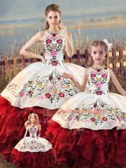 Halter Top Sleeveless 15 Quinceanera Dress Floor Length Embroidery and Ruffles White And Red Organza