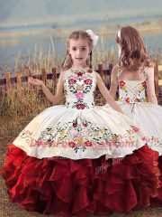 Halter Top Sleeveless 15 Quinceanera Dress Floor Length Embroidery and Ruffles White And Red Organza