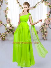Edgy Yellow Green One Shoulder Lace Up Beading and Hand Made Flower Vestidos de Damas Sleeveless