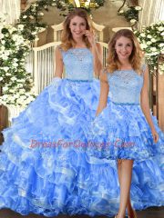 Floor Length Three Pieces Sleeveless Light Blue 15th Birthday Dress Zipper