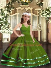 Elegant Green Ball Gowns Tulle V-neck Sleeveless Ruffled Layers Floor Length Zipper Pageant Dress for Girls