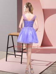 Baby Blue A-line Bateau Sleeveless Tulle Mini Length Zipper Beading Prom Party Dress
