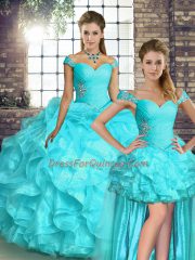 Sophisticated Aqua Blue Organza Lace Up Off The Shoulder Sleeveless Floor Length Quinceanera Dresses Beading and Ruffles