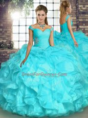 Sophisticated Aqua Blue Organza Lace Up Off The Shoulder Sleeveless Floor Length Quinceanera Dresses Beading and Ruffles