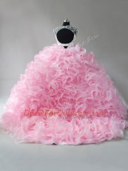Top Selling Beading and Ruffles Quince Ball Gowns Baby Pink Zipper Sleeveless Brush Train