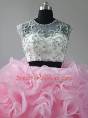 Top Selling Beading and Ruffles Quince Ball Gowns Baby Pink Zipper Sleeveless Brush Train