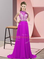 Amazing Sleeveless Chiffon Brush Train Backless Prom Dresses in Fuchsia with Beading