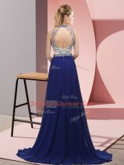 Amazing Sleeveless Chiffon Brush Train Backless Prom Dresses in Fuchsia with Beading