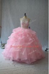 Admirable Pink Halter Top Neckline Beading and Ruffles Quinceanera Gowns Sleeveless Backless