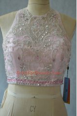 Admirable Pink Halter Top Neckline Beading and Ruffles Quinceanera Gowns Sleeveless Backless
