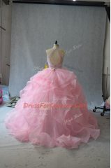 Admirable Pink Halter Top Neckline Beading and Ruffles Quinceanera Gowns Sleeveless Backless