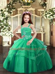 Turquoise Tulle Lace Up Girls Pageant Dresses Sleeveless Floor Length Beading and Ruffled Layers