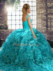Aqua Blue Lace Up Quinceanera Gown Beading and Ruffles Sleeveless Brush Train