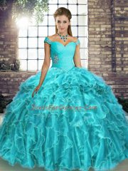 Aqua Blue Lace Up Quinceanera Gown Beading and Ruffles Sleeveless Brush Train
