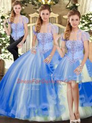 Glittering Blue Lace Up Strapless Beading and Ruffles Sweet 16 Quinceanera Dress Tulle Sleeveless
