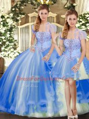 Glittering Blue Lace Up Strapless Beading and Ruffles Sweet 16 Quinceanera Dress Tulle Sleeveless