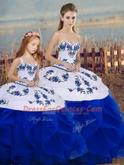 Floor Length Lace Up Quinceanera Dress Royal Blue for Military Ball and Sweet 16 and Quinceanera with Embroidery and Ruffles and Bowknot