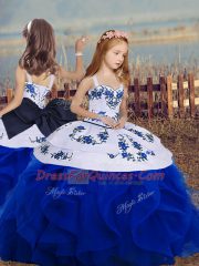 Floor Length Lace Up Quinceanera Dress Royal Blue for Military Ball and Sweet 16 and Quinceanera with Embroidery and Ruffles and Bowknot