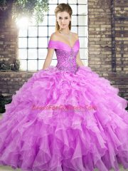 Suitable Lilac Off The Shoulder Neckline Beading and Ruffles Vestidos de Quinceanera Sleeveless Lace Up