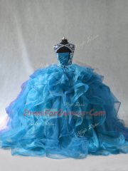 Blue Organza Side Zipper Quince Ball Gowns Sleeveless Ruffles