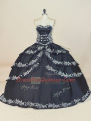 Extravagant Black Ball Gowns Sweetheart Sleeveless Satin Floor Length Lace Up Embroidery Sweet 16 Dress