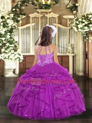 Blue Ball Gowns Beading and Ruffles Little Girl Pageant Dress Lace Up Tulle Sleeveless Floor Length