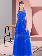 Elegant Sleeveless Floor Length Beading Side Zipper with Blue
