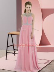 Attractive Watermelon Red Empire Scoop Sleeveless Chiffon Floor Length Zipper Beading Prom Dresses