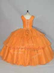 Pretty Organza Straps Sleeveless Lace Up Beading and Ruffled Layers and Ruching 15th Birthday Dress in Orange