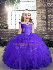 New Style Purple Lace Up Pageant Gowns Beading and Ruffles Sleeveless Floor Length