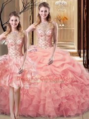 Floor Length Peach Sweet 16 Dress Scoop Sleeveless Lace Up