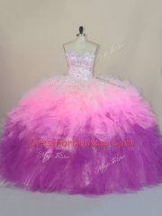 Sweetheart Sleeveless Tulle Sweet 16 Dresses Beading and Ruffles Brush Train Lace Up