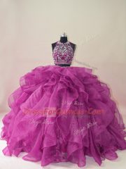 Fuchsia Ball Gowns Organza Scoop Sleeveless Beading and Ruffles Backless Quinceanera Gown Brush Train