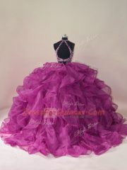Fuchsia Ball Gowns Organza Scoop Sleeveless Beading and Ruffles Backless Quinceanera Gown Brush Train