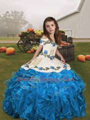 Sleeveless Organza Floor Length Lace Up Kids Formal Wear in Blue and Baby Blue with Embroidery and Ruffles