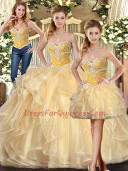 Champagne Ball Gowns Beading and Ruffles Quinceanera Dresses Lace Up Organza Sleeveless Floor Length