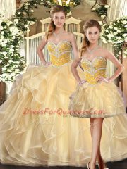 Champagne Ball Gowns Beading and Ruffles Quinceanera Dresses Lace Up Organza Sleeveless Floor Length