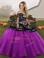 Custom Design Black And Purple Tulle Lace Up Off The Shoulder Sleeveless Floor Length Quinceanera Gowns Embroidery