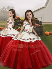 Fitting Organza Off The Shoulder Sleeveless Lace Up Embroidery Quinceanera Gown in White And Red
