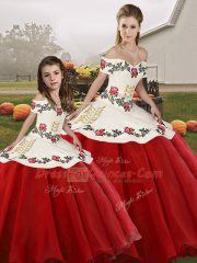 Fitting Organza Off The Shoulder Sleeveless Lace Up Embroidery Quinceanera Gown in White And Red