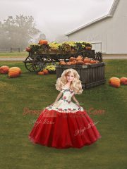 Fitting Organza Off The Shoulder Sleeveless Lace Up Embroidery Quinceanera Gown in White And Red